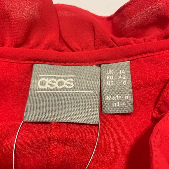 ASOS Red Chiffon Pleated Trapeze Dress w. Ruffle Neckline & Tie - Size 10 - Picture 15 of 16